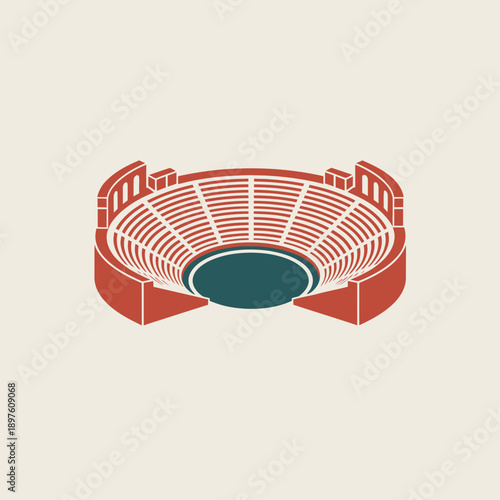 Illustration of a large, circular sports stadium with tiered seating.
