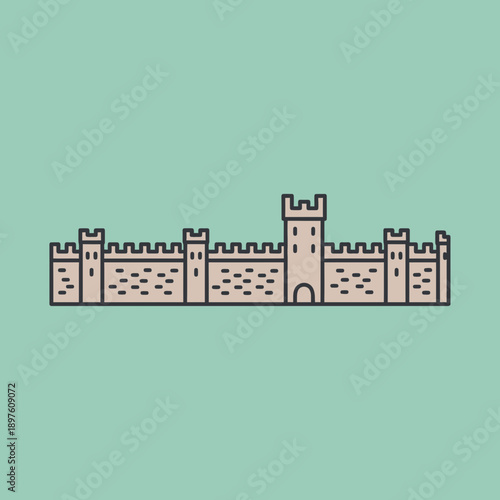 Illustration of a castle with multiple towers and a central gate.