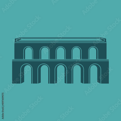 Illustration of an ancient Roman aqueduct with multiple arches on a teal background.