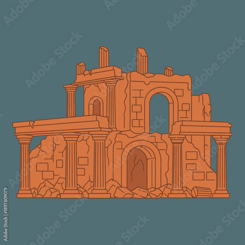 Illustration of ancient ruins with columns and arches in a stylized design.