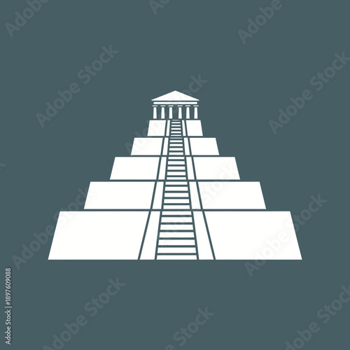 Illustration of an ancient stepped pyramid with a small temple on top.