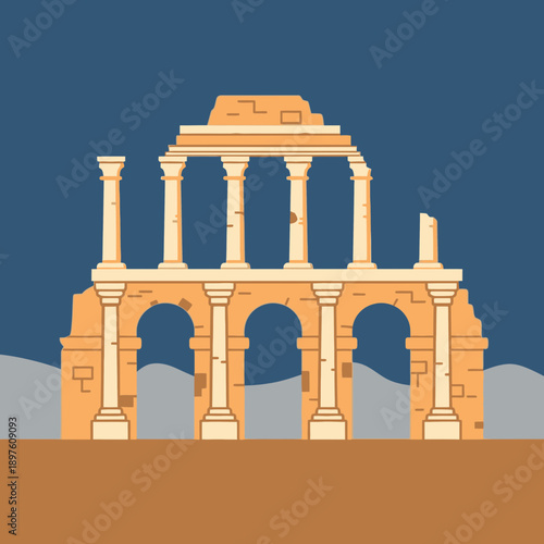 Illustration of ancient ruins with columns and arches against a dark sky.