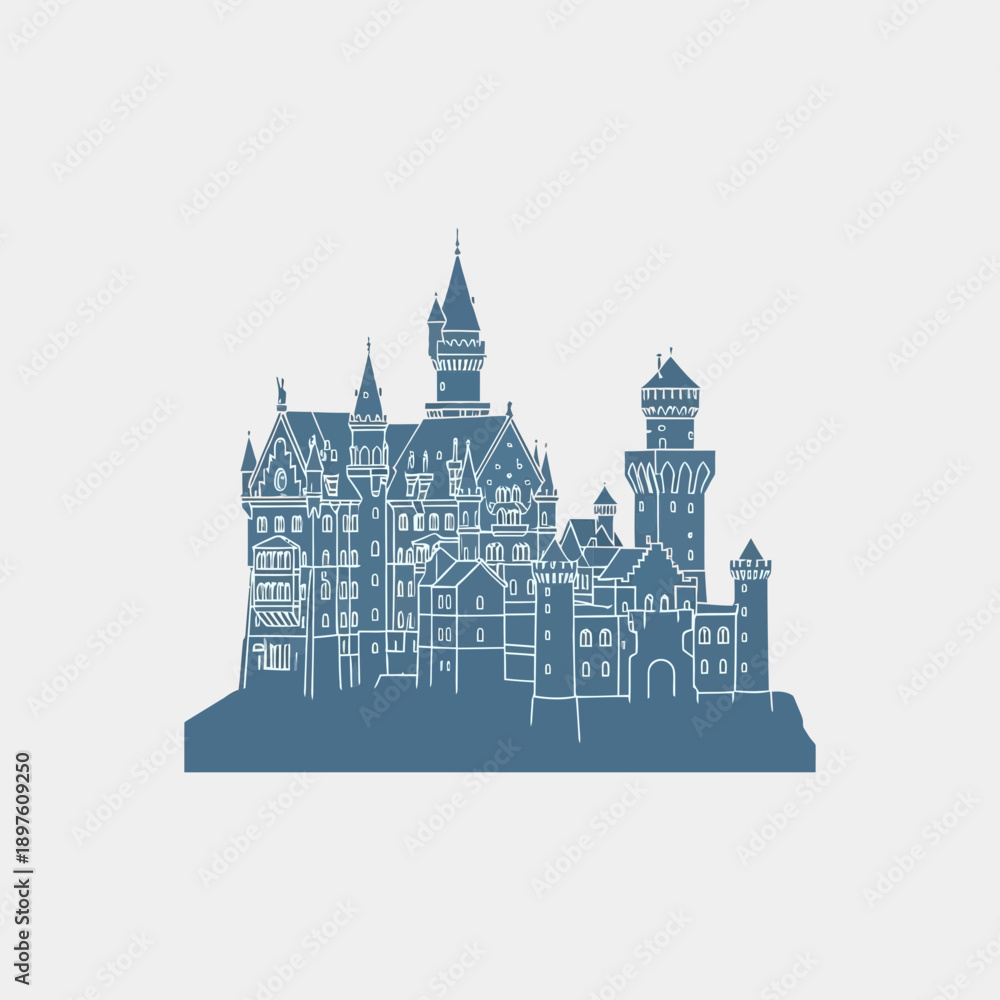 Obraz premium Illustration of a castle with multiple towers and detailed architecture.
