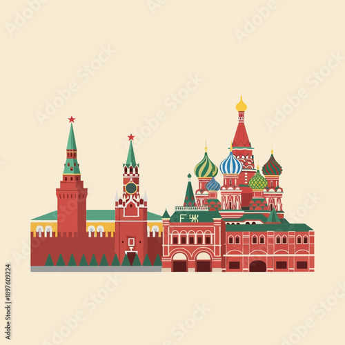 Illustration of Saint Basil's Cathedral in Moscow with colorful onion domes.