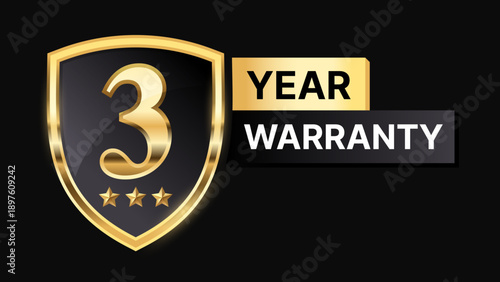 3 Year Warranty Gold Shield Badge, Premium Guarantee and Security Protection Emblem with Stars, Quality Assurance Label Vector Illustration