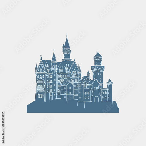 Illustration of a castle with multiple towers and detailed architecture.
