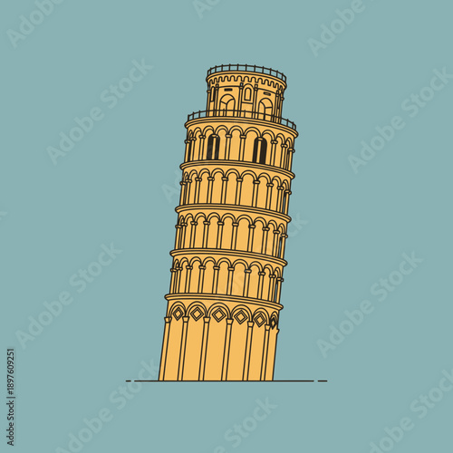 Illustration of the Leaning Tower of Pisa with detailed architectural features.