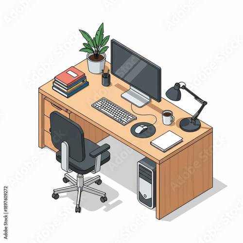 Isometric office desk setup with computer, plants, and desk accessories in a modern workspace.