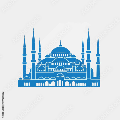 Illustration of a mosque with multiple domes and tall minarets in blue.