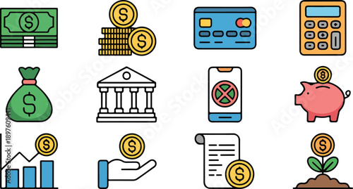Finance and Banking Flat Vector Icon Set with Money and Payment Symbols