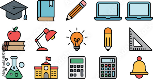 Education and School Flat Vector Icon Set with Learning Tools