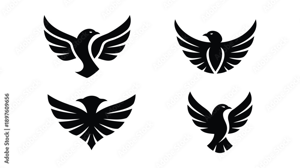 Fototapeta premium Four black bird with spread wings on white background
