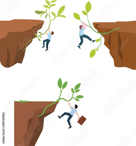 Conceptual businessman character set hanging from growing plant on cliff edge representing survival risk resilience overcoming challenges 