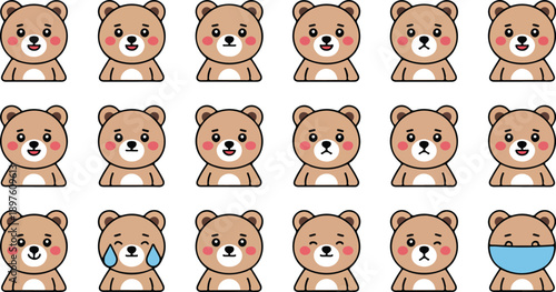 Cute Teddy Bear Cartoon Character Set with Different Emotions