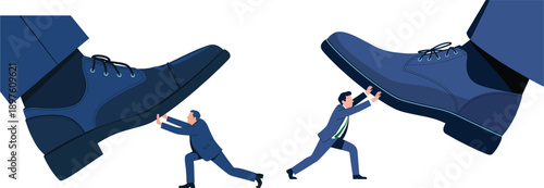 Conceptual vector illustration of small business people pushing against giant corporate feet representing survival competition market pressure and struggle against big industry monopolies