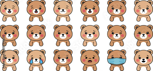 Cute Teddy Bear Cartoon Character Set with Different Emotions