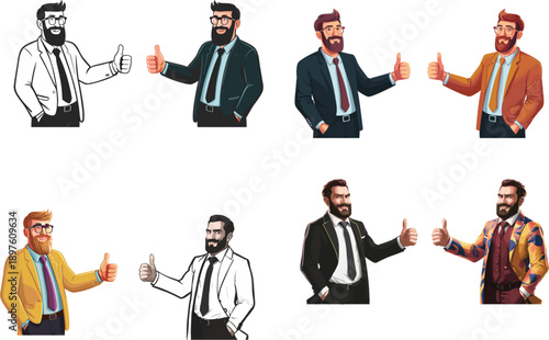 Confident bearded businessman character set showing thumbs up gesture wearing various colorful suits and glasses for corporate success and approval concepts