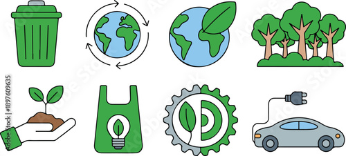 Eco Sustainability Flat Vector Icon Set with Recycling and Green Energy