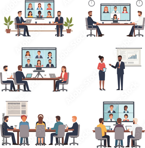 Corporate business team having online video conference meetings and office presentations flat vector illustration set for digital collaboration telecommuting and global communication concepts