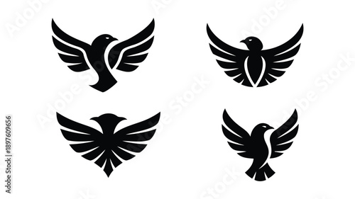Four black bird with spread wings on white background