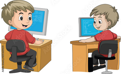 Cute young boy cartoon character set sitting at wooden desk using desktop computer for online education distance learning school homework and child digital lifestyle