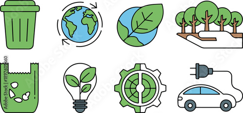 Eco Sustainability Flat Vector Icon Set with Recycling and Green Energy