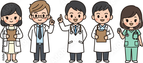 Group of diverse medical professionals and doctors standing together with stethoscope and clipboard vector illustration for healthcare hospital services
