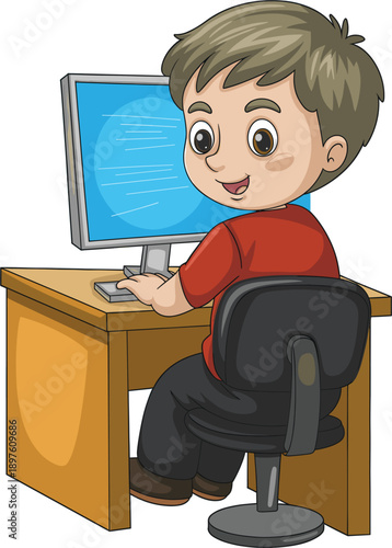 Cute young boy cartoon character sitting at wooden desk using desktop computer for online education distance learning school homework and child digital lifestyle