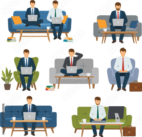 Professional businessmen working from home on laptops sitting on sofas and armchairs flat vector illustration set for remote work freelance and corporate business concepts