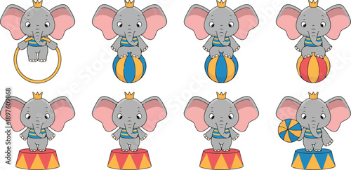 Cute Cartoon Circus Elephant Character Set Performing TricksCute Cartoon Circus Elephant Character Set Performing Tricks