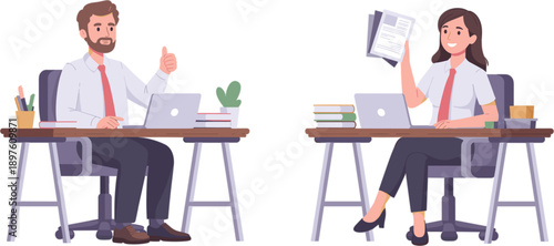 Professional male and female office employees working at desks with laptops while showing thumbs up and holding documents