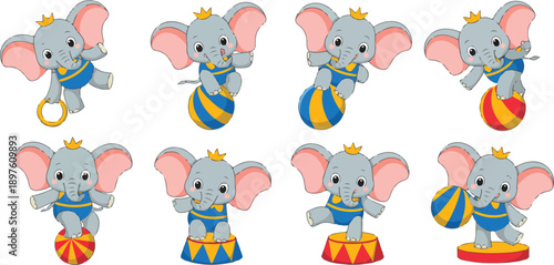 Cute Cartoon Circus Elephant Character Set Performing TricksCute Cartoon Circus Elephant Character Set Performing Tricks