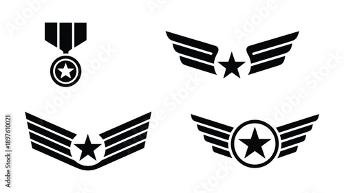 Four black military insignia with stars and wings white