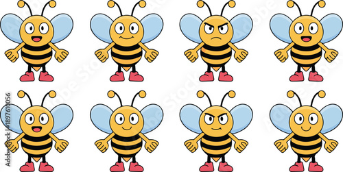 Cute Bee Emotion Line Art Character Set  Happy, Angry, Sleepy & Funny Insect Mascot Poses