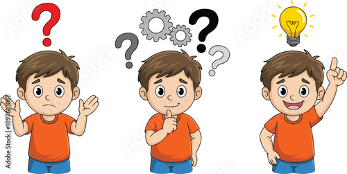 Cute Boy Emotion Line Art Character Set  Confusion, Thinking, Questioning & Idea Moments