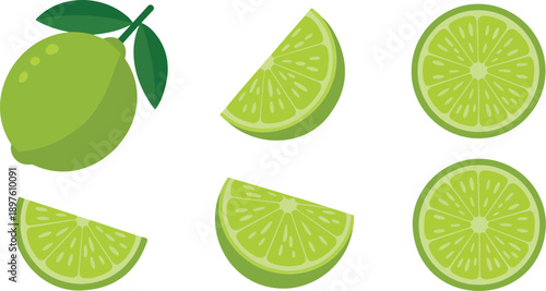 Fresh Lime Fruit Flat Vector Illustration Set with Whole and Sliced Pieces