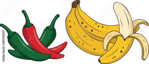 Fresh Banana and Chili Pepper Flat Vector Illustration Set
