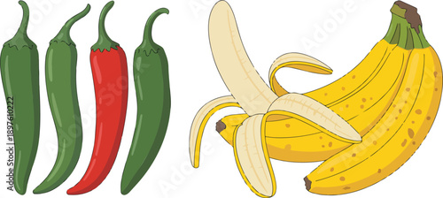 Fresh Banana and Chili Pepper Flat Vector Illustration Set