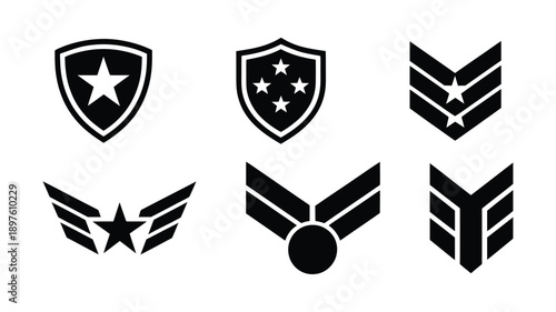 Six black military insignia on white background badge