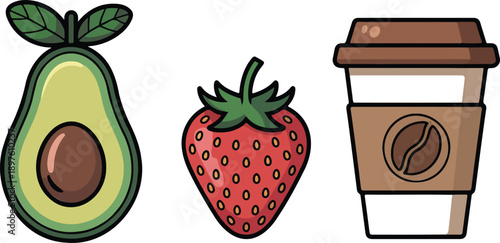Healthy Food and Drink Flat Vector Icon Set with Avocado and Coffee