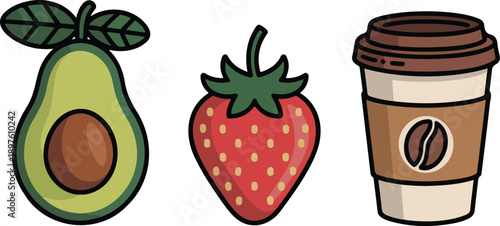 Healthy Food and Drink Flat Vector Icon Set with Avocado and Coffee