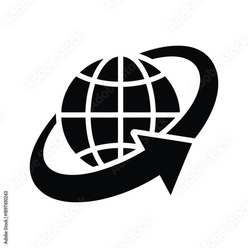 Black globe icon with circular arrow on white background