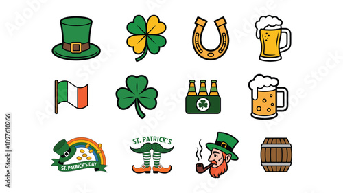 St Patricks Day Leprechaun Hat Beer Horseshoe Flag Clover