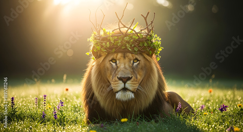 Majestic lion lying on grassy field with whimsical crown of leaves and twigs under warm sunlight