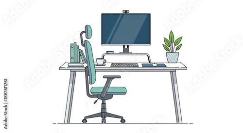 Illustrated modern office desk setup with computer monitor and potted plant.