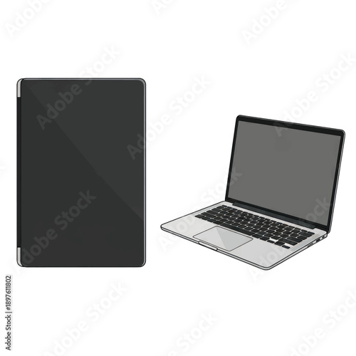 Two electronic devices displayed: a closed black notebook and an open laptop on a white background.