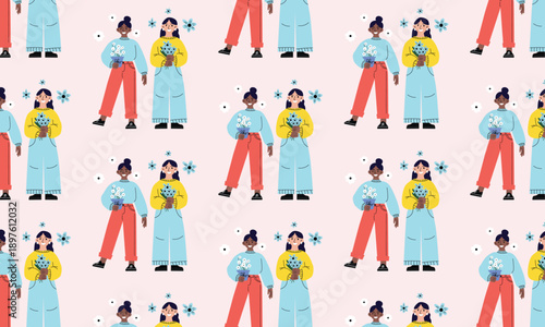International Womens Day seamless pattern background with multicultural women and flower bouquets