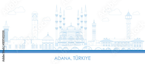 Outline Skyline panorama of city of Adana, Turkiye (Turkey) - vector illustration
