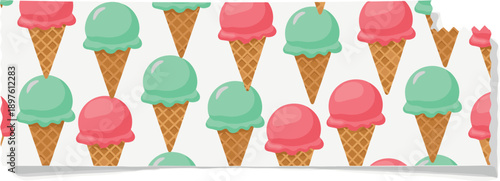 Colorful Ice Cream Cone Pattern Torn Paper Background, Sweet Summer Dessert Treats for Party Invitations, Scrapbooking and Playful Designs, Nostalgic Vibe
