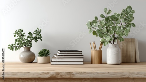 Workspace - office table, empty desk with supplies against the white wall, copy space for text or product showcase